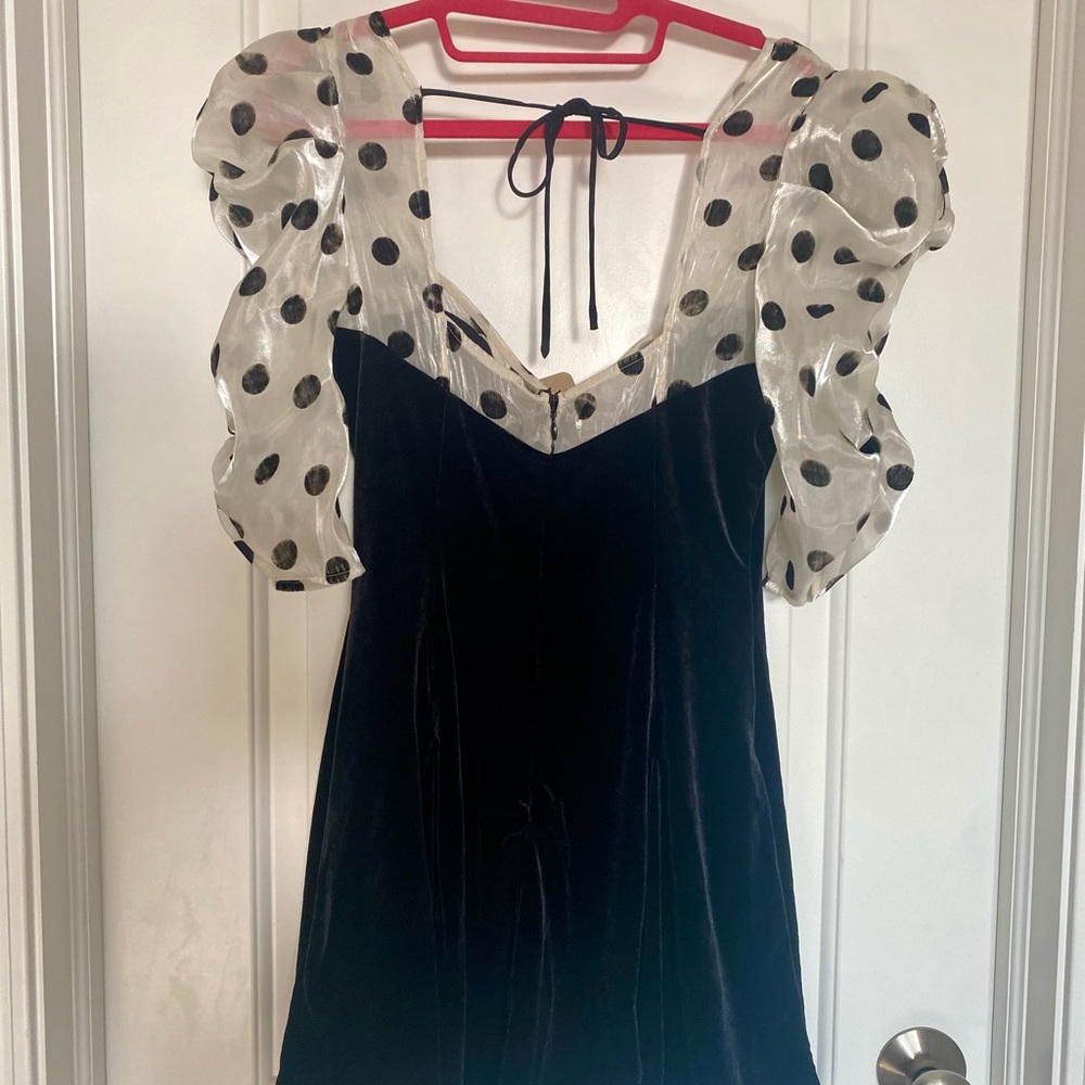 For Love And Lemons Black Velvet Mini Dress with Polka Dot Sleeves - Picture 6 of 8